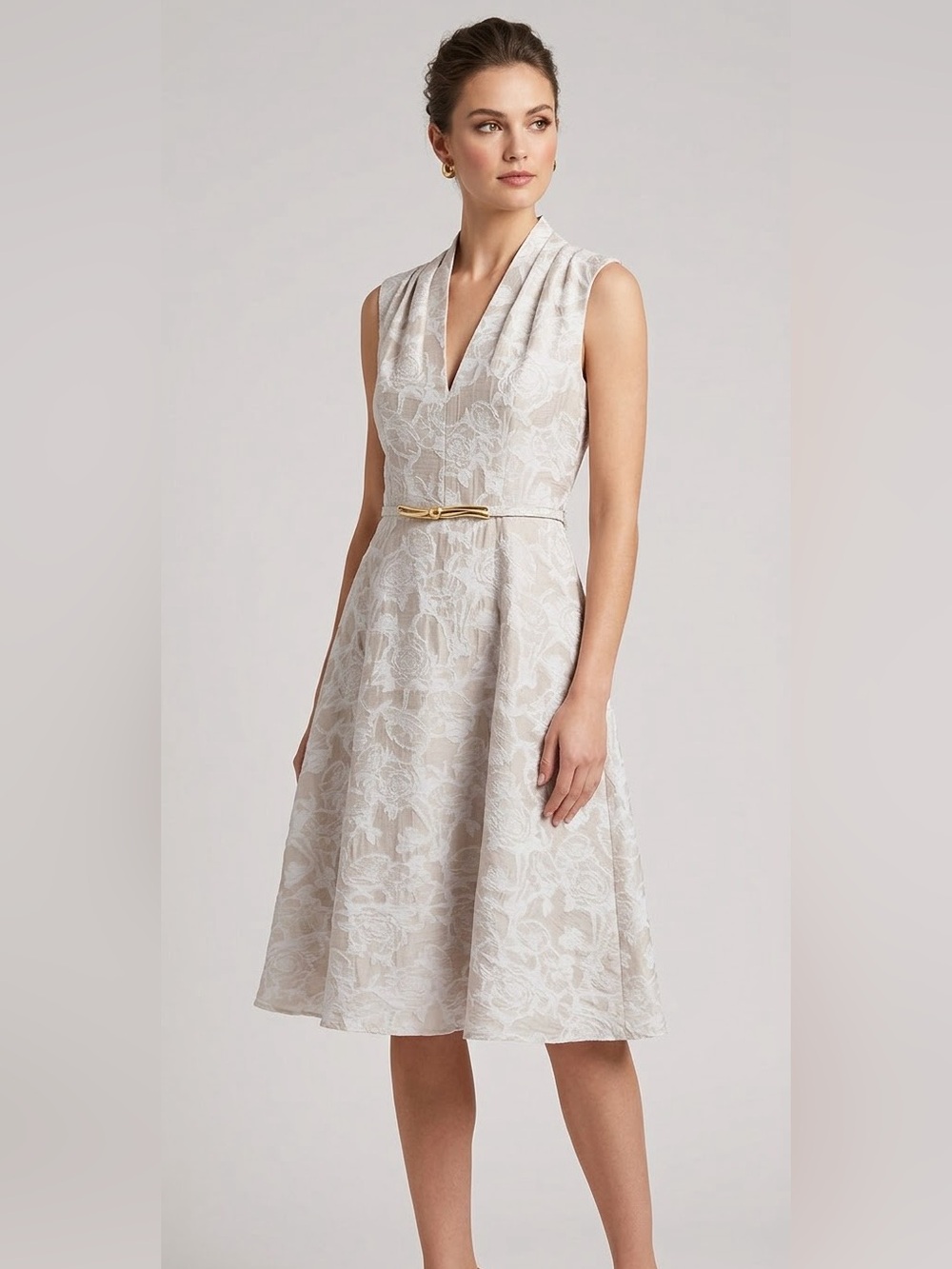 Donna Karan NY Floral Jacquard Belted Dress Cream Gold Accent Sz 6